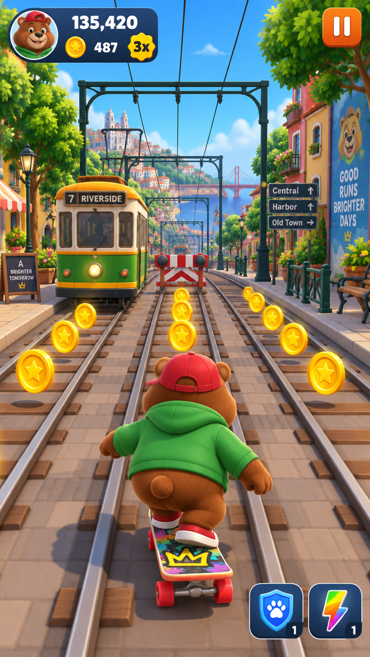 Bear skateboarding down a tree-lined city street past a tram